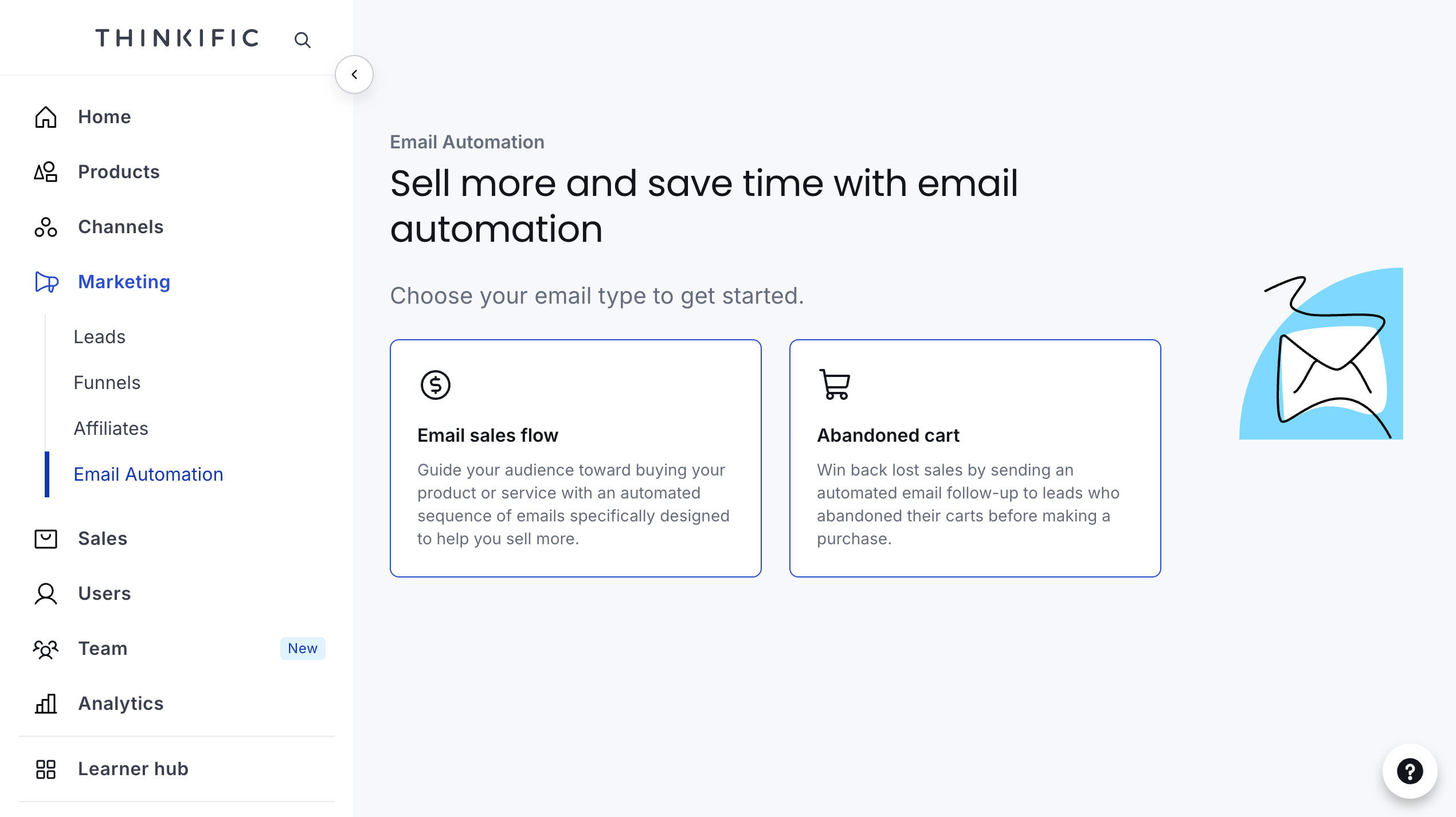 Thinkific Email Automation overview with Email sales flow and Abandoned cart options