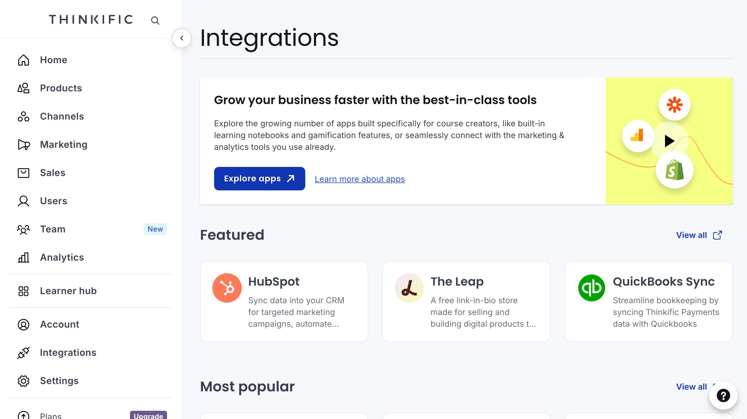 Thinkific integrations screen featuring HubSpot, The Leap and QuickBooks Sync