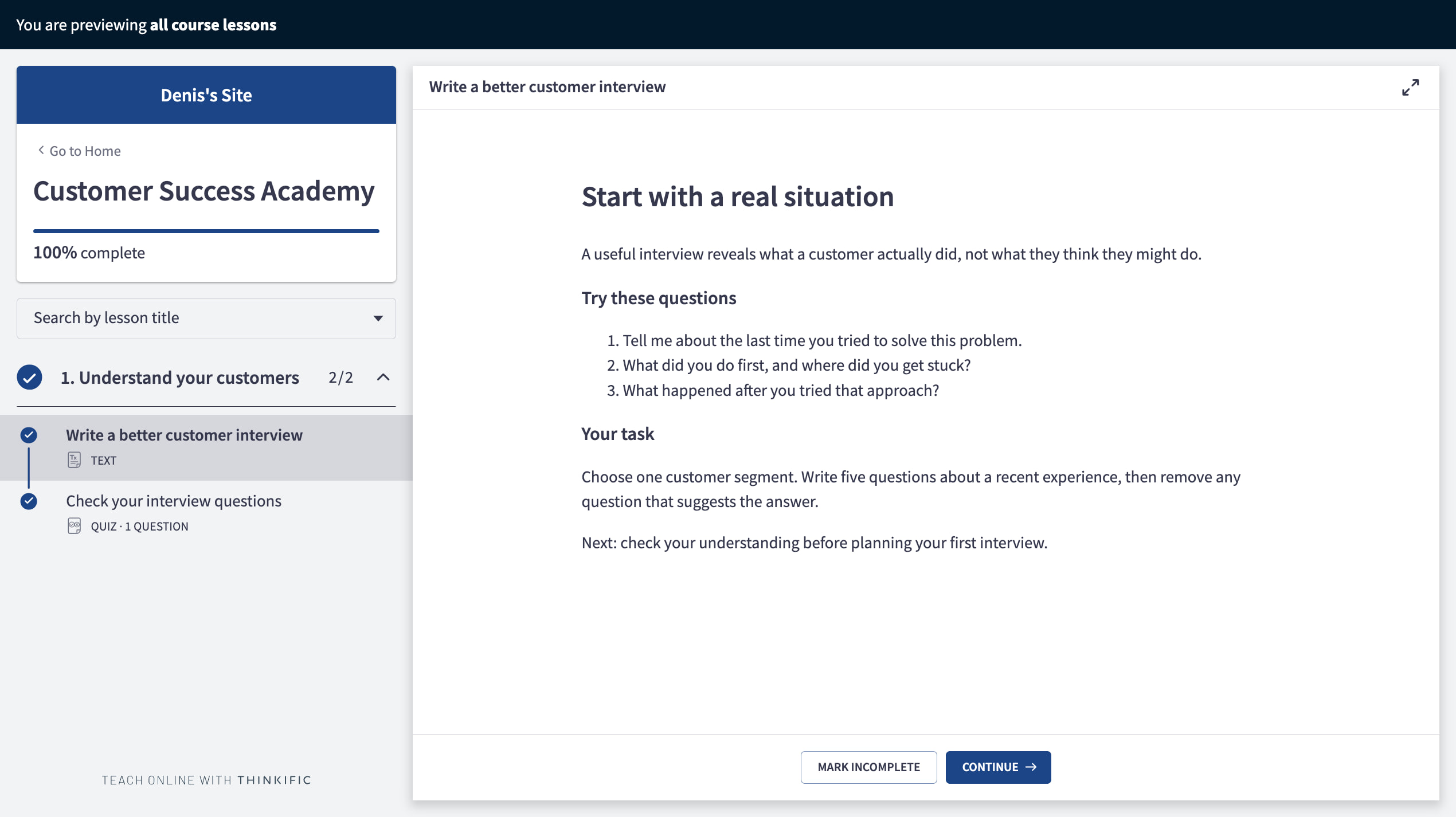 A sample customer interview text lesson in Thinkific learner preview with course navigation and a Continue button