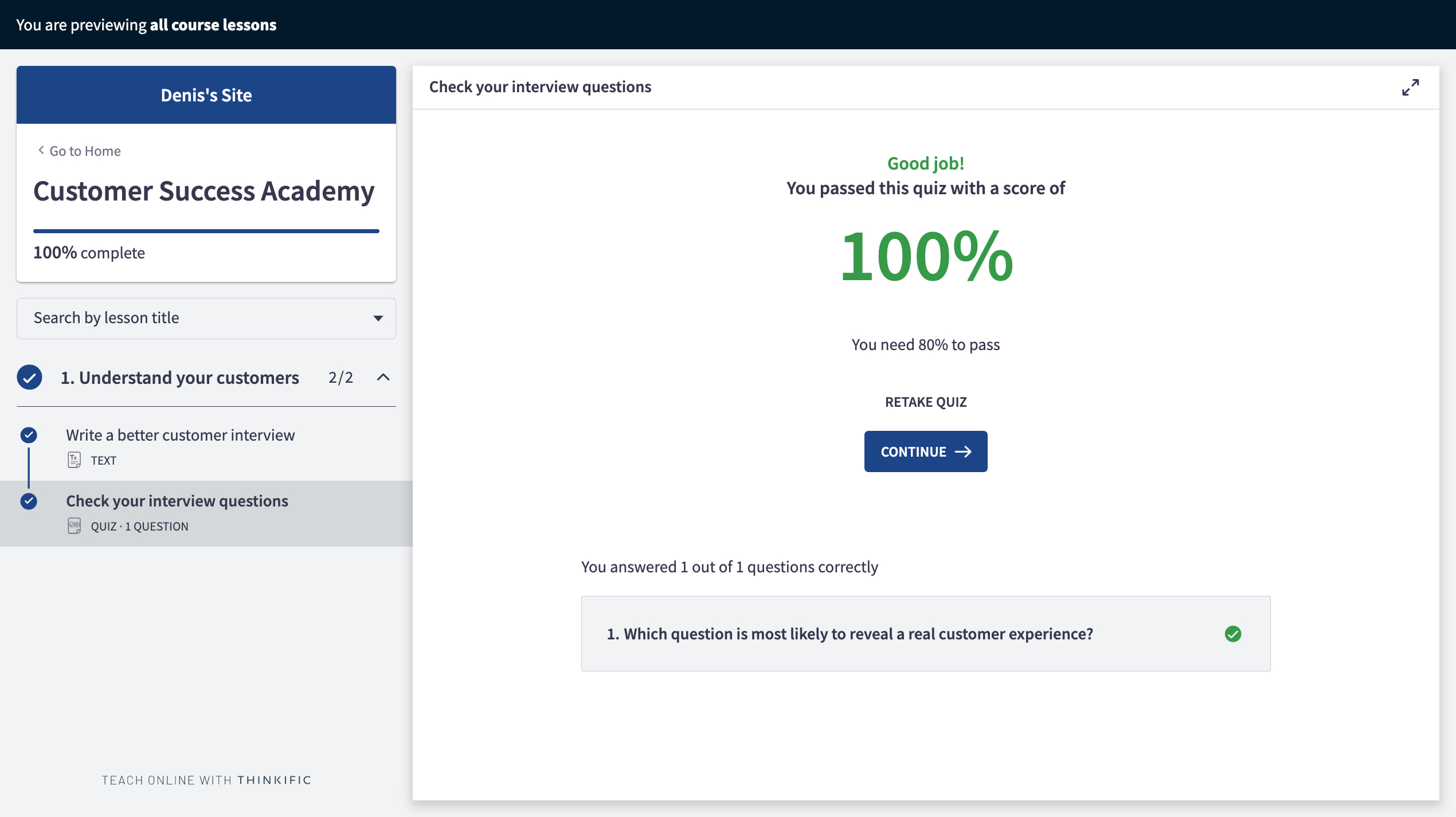 Thinkific learner quiz result showing a 100 percent score, an 80 percent passing threshold and course progress
