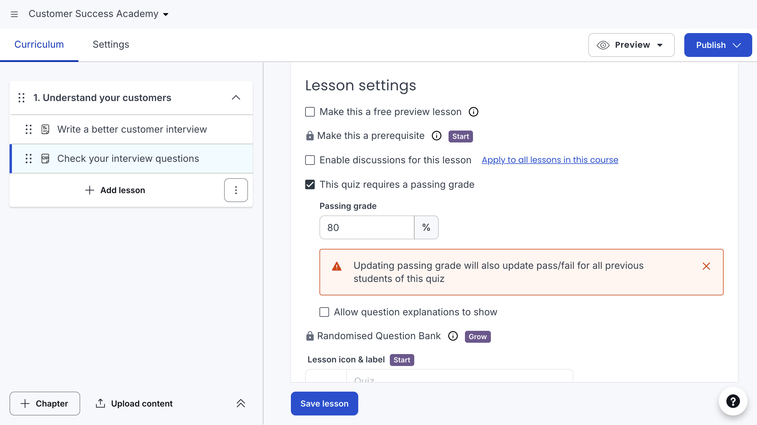 Thinkific quiz lesson settings with an 80 percent passing grade and separate prerequisite and question-bank plan gates