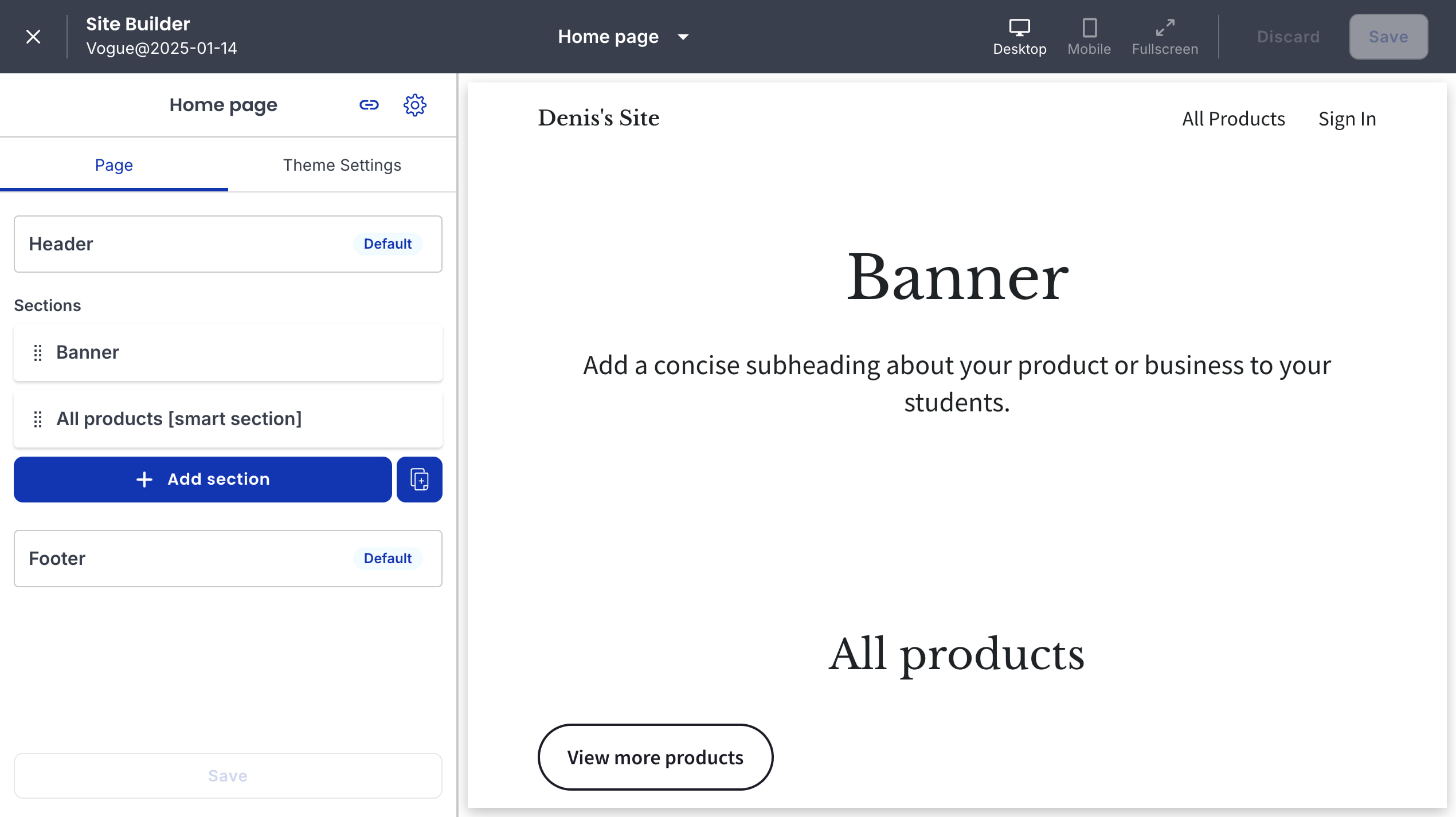 Thinkific Site Builder with the home page section list, theme controls and default banner preview