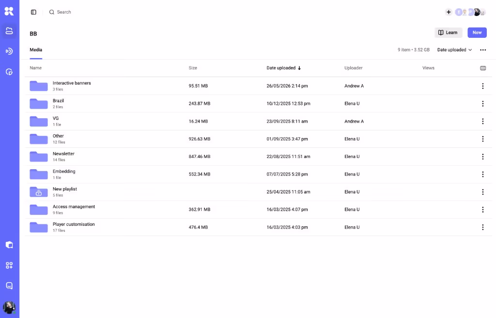 Video catalog with folders listed by size, date, and uploader