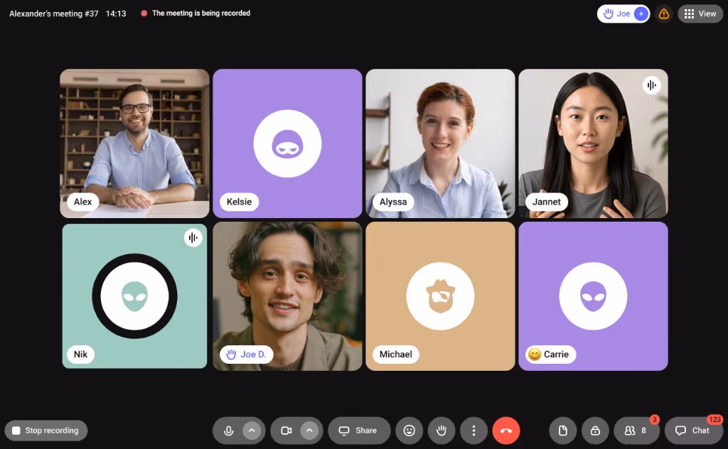 Video call with eight participants and a recording indicator