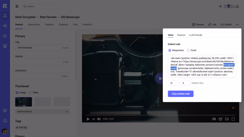 Embed panel showing embed code with a highlighted permission and inline and popover options