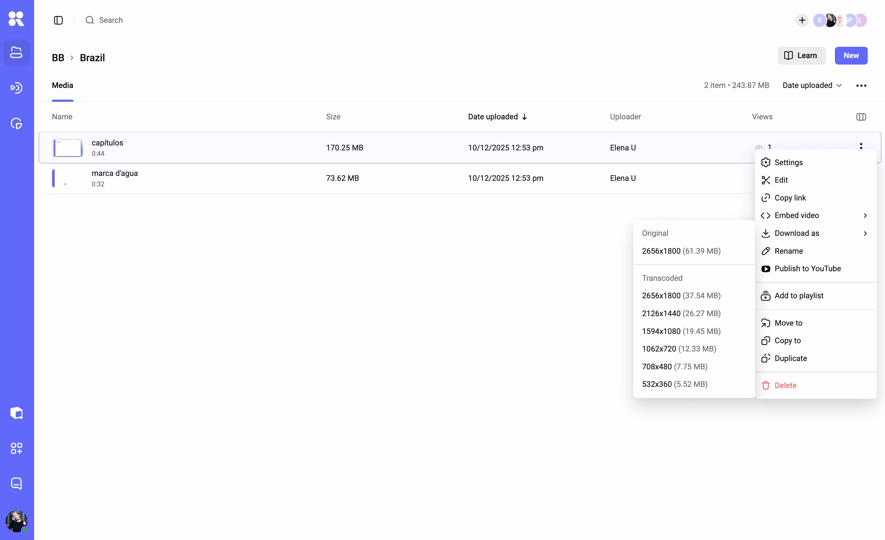 Kinescope download menu showing the original file and transcoded video resolutions