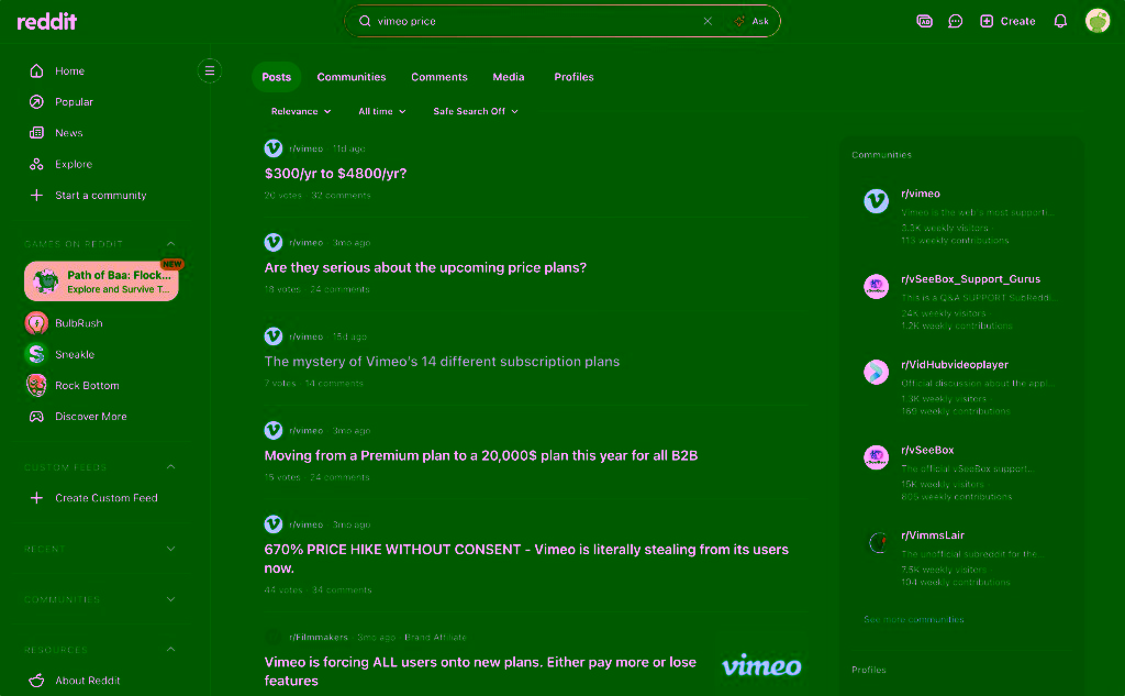 Reddit search results with threads about Vimeo pricing