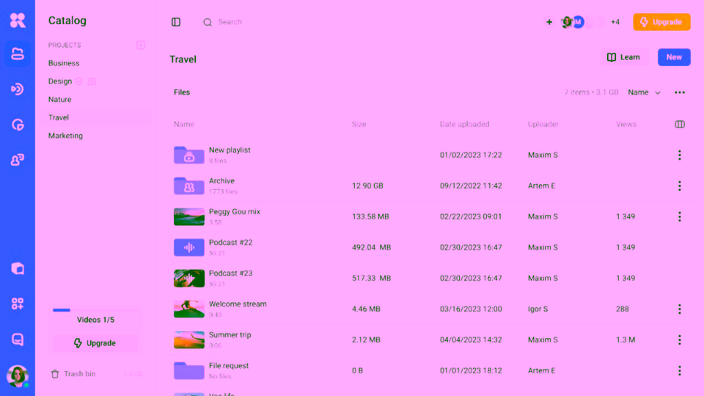 Video library with thumbnails, folders, and per-video status