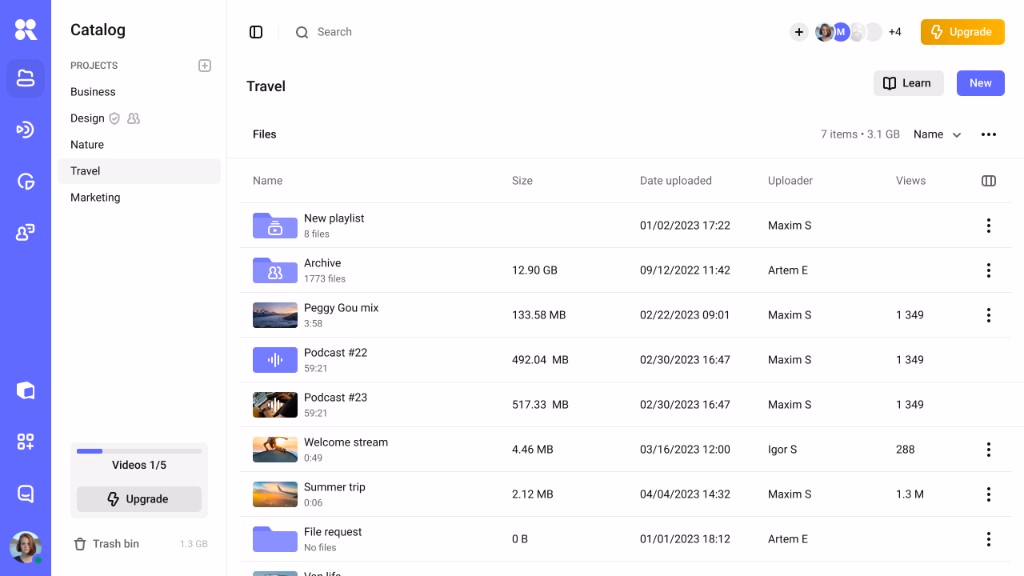 Video library with thumbnails, folders, and per-video status