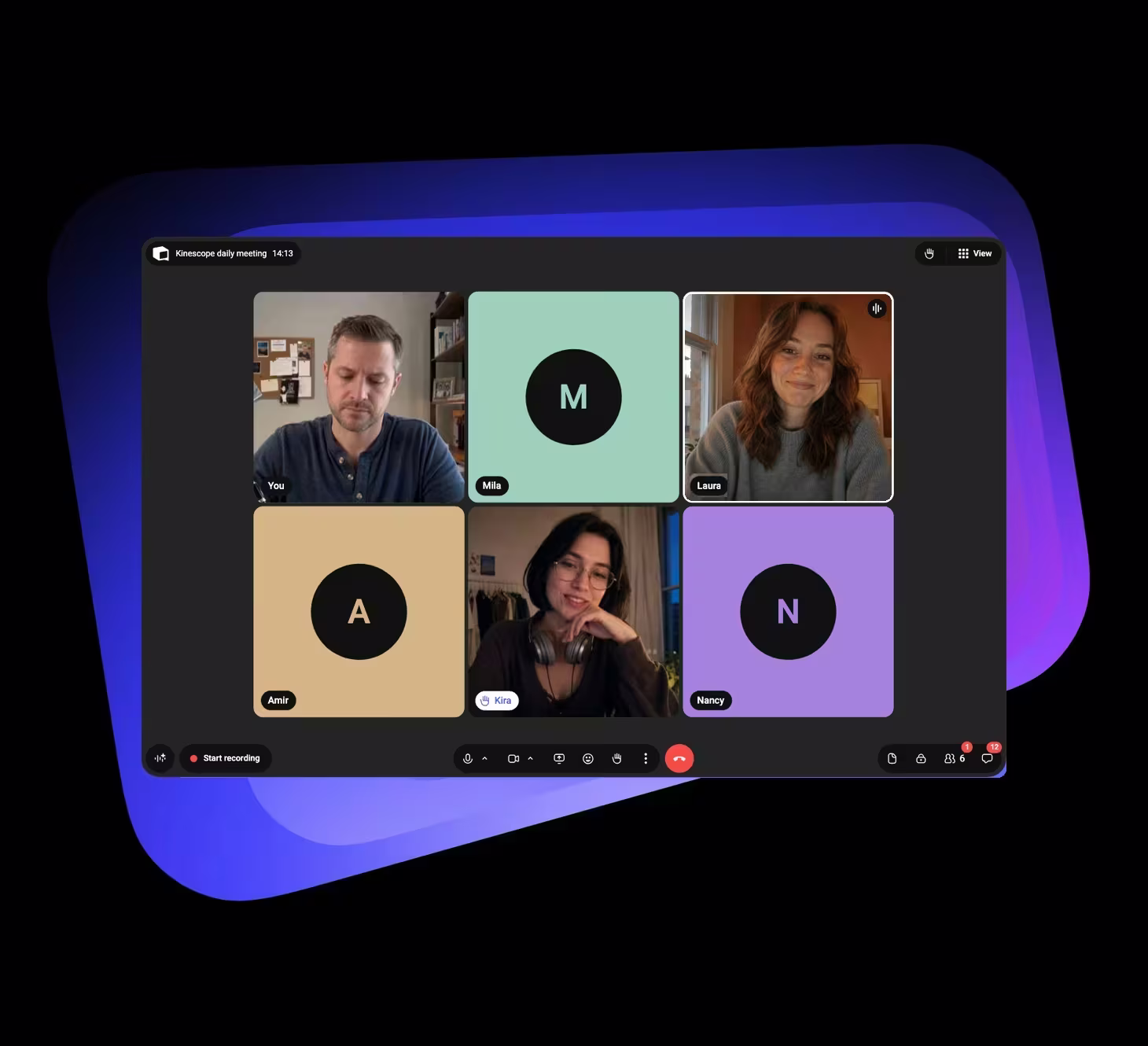 A Speak meeting on Kinescope’s violet shape: you on camera first, then Mila without a camera and Laura speaking; below, Amir without a camera, Kira with her hand raised and Nancy without a camera