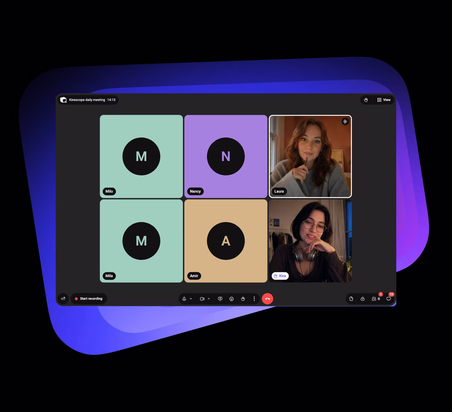 A Speak meeting on Kinescope’s violet shape: Laura speaks, Kira listens with her hand raised, four more without cameras