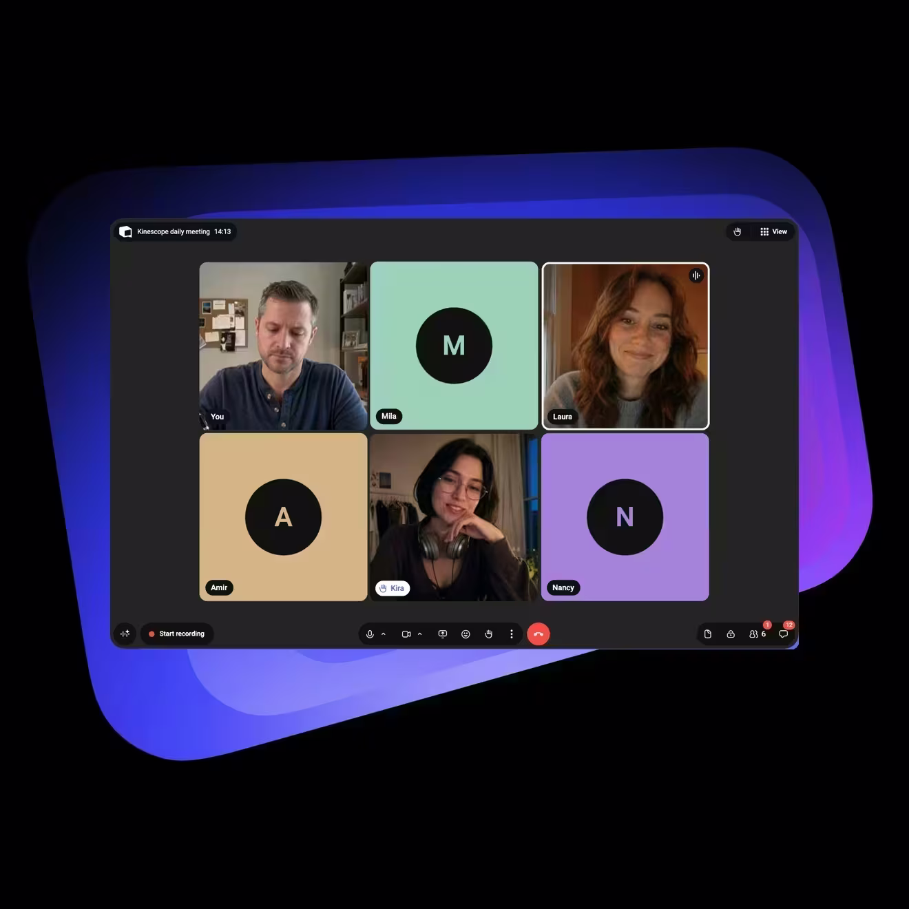 A Speak meeting on Kinescope’s violet shape: you on camera first, then Mila without a camera and Laura speaking; below, Amir without a camera, Kira with her hand raised and Nancy without a camera