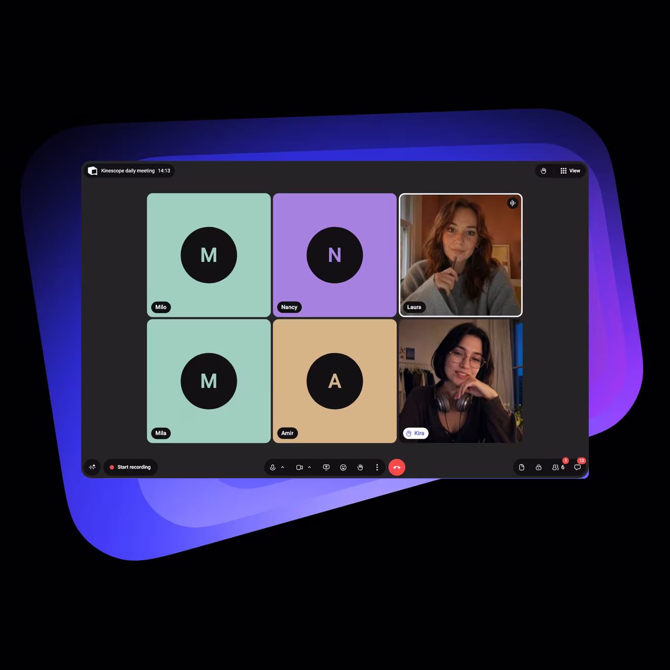 A Speak meeting on Kinescope’s violet shape: Laura speaks, Kira listens with her hand raised, four more without cameras