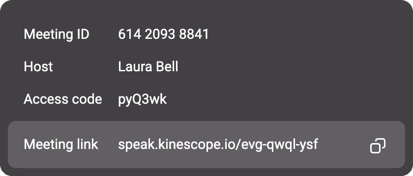 Meeting ID 614 2093 8841, host Laura Bell, access code pyQ3wk, meeting link