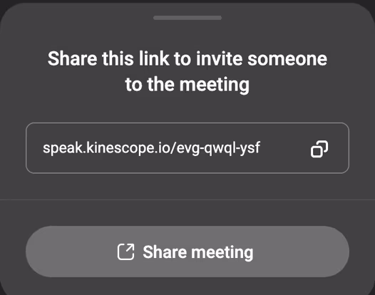 Speak on a phone: the share card with the meeting link speak.kinescope.io/evg-qwql-ysf, the copy button and Share meeting