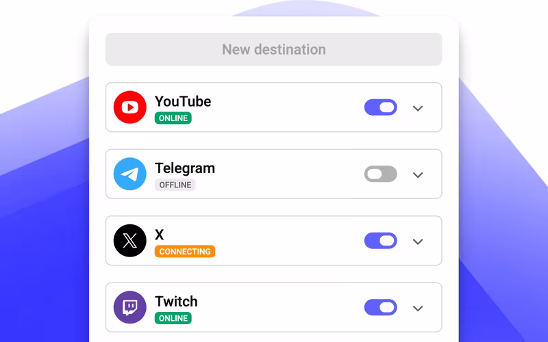 Speak’s restreaming panel with YouTube, Telegram, X and Twitch destinations and their live status