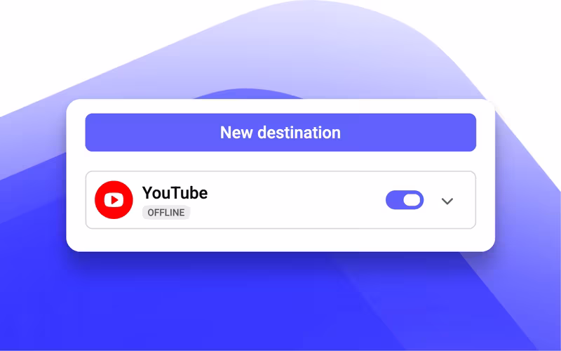 A saved YouTube destination in Speak’s restreaming panel, with its on/off switch highlighted