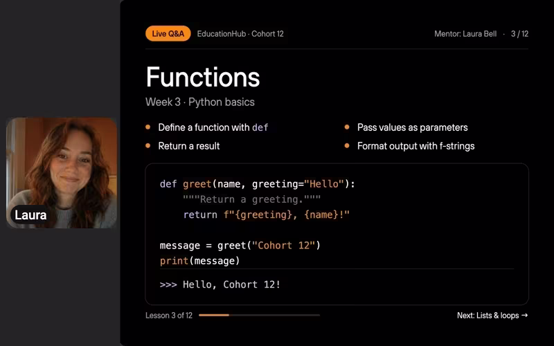 Laura’s video next to her shared Python lesson slide, as the restream shows them