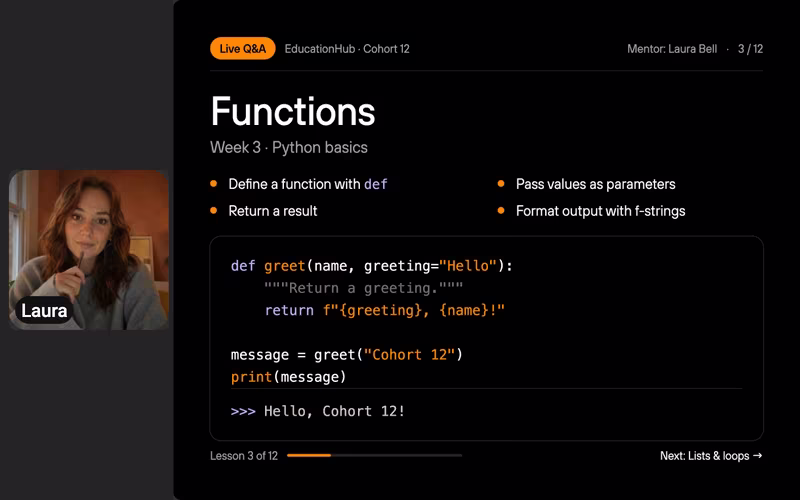 Laura’s video next to her shared Python lesson slide, as the restream shows them
