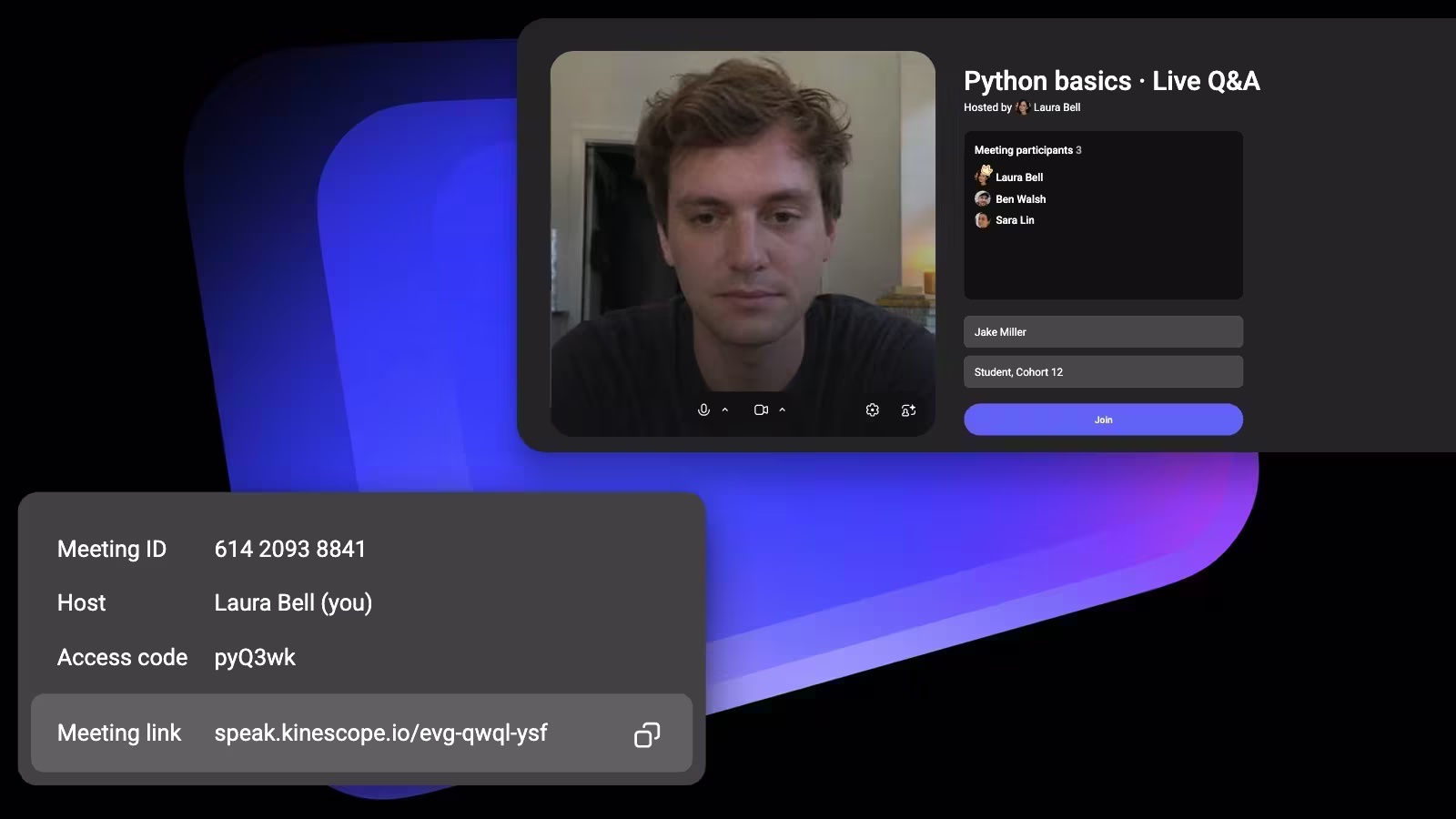 The Speak meeting link card with speak.kinescope.io/evg-qwql-ysf, and the guest join screen with Jake on camera next to the name fields and Join; Laura, Ben and Sara are already in