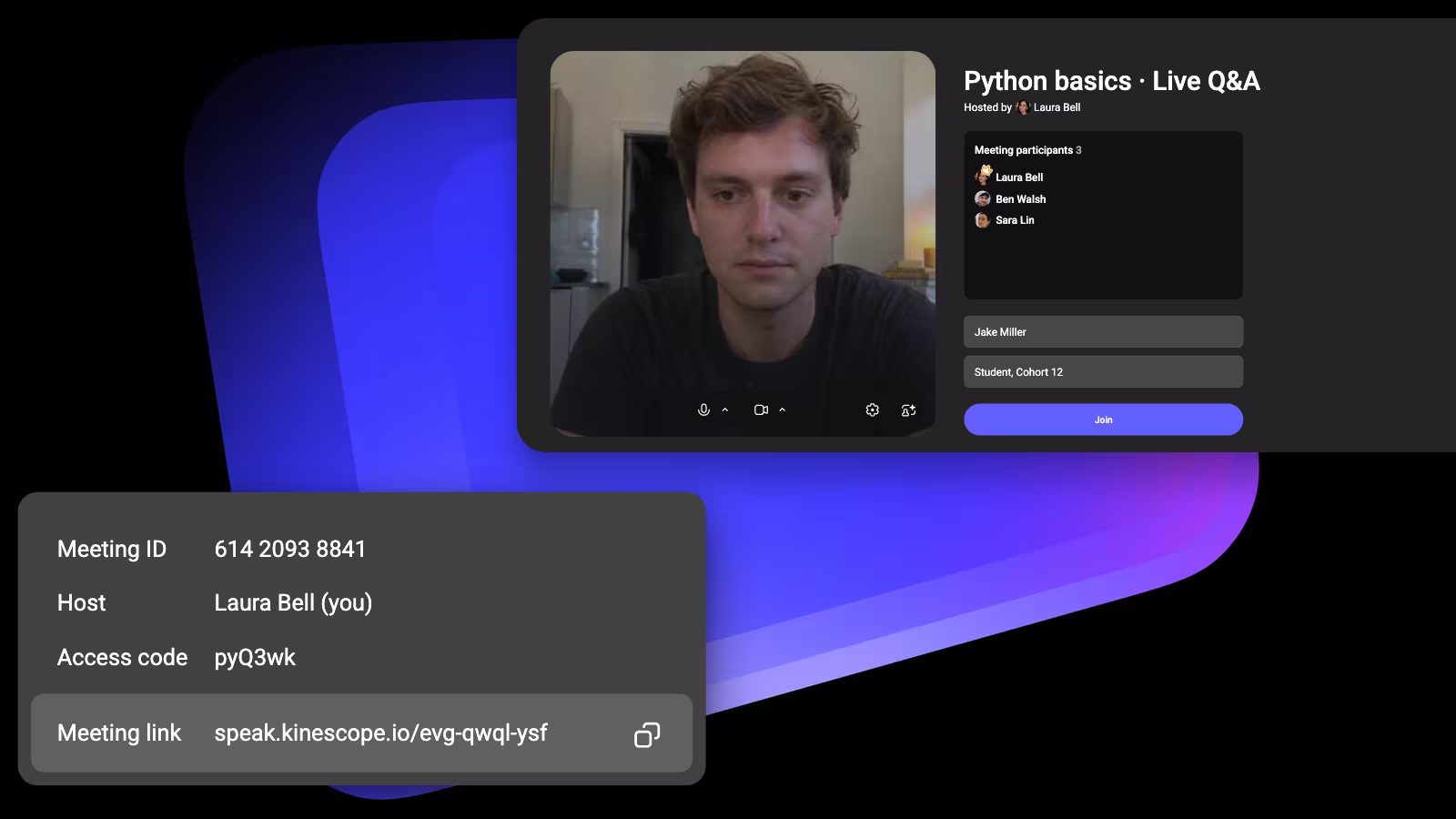 The Speak meeting link card with speak.kinescope.io/evg-qwql-ysf, and the guest join screen with Jake on camera next to the name fields and Join; Laura, Ben and Sara are already in
