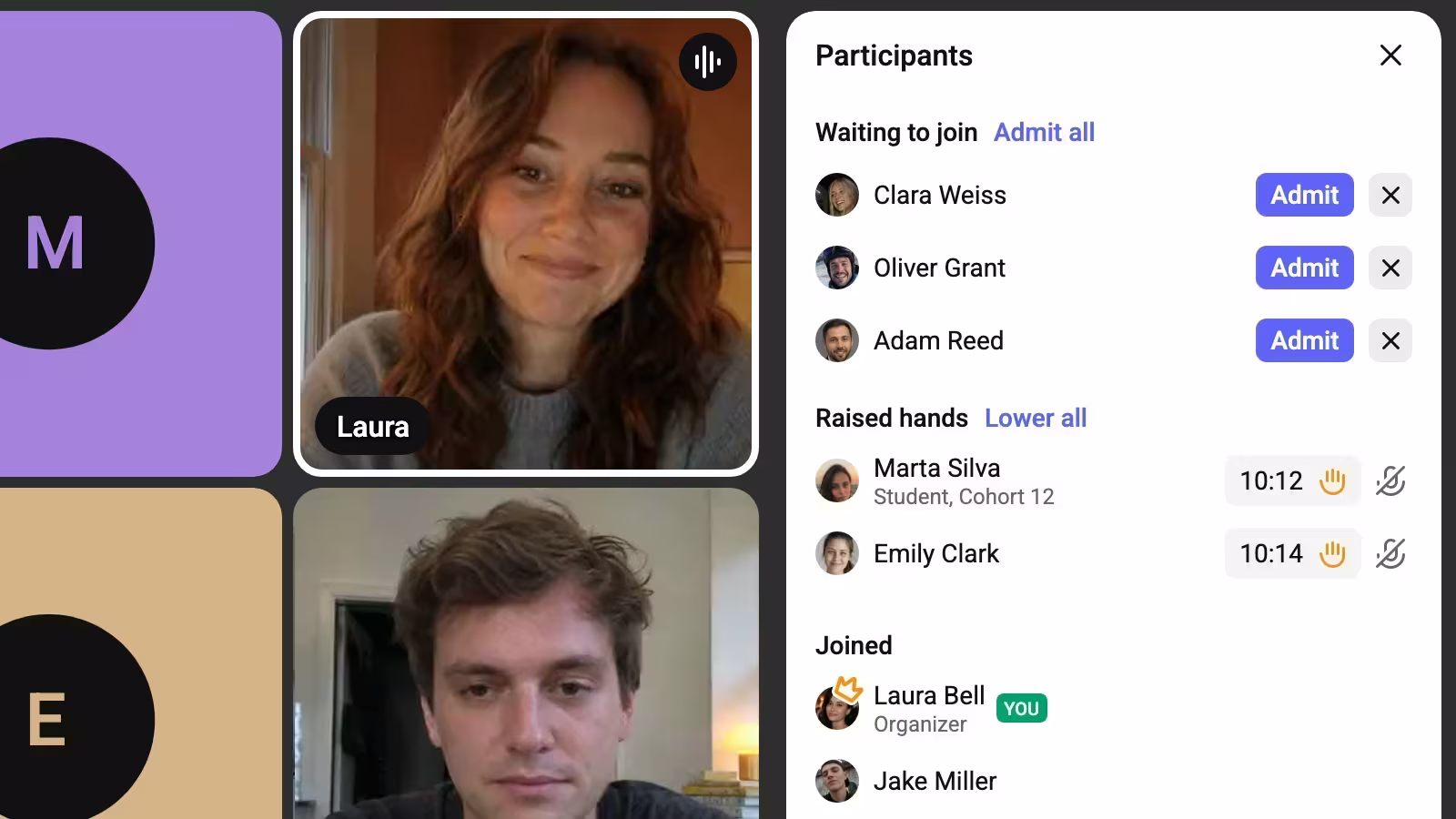 The Speak participants panel next to the call: Laura speaks, Jake listens, Marta and Emily are without cameras and raised their hands; guests wait to join with Admit all