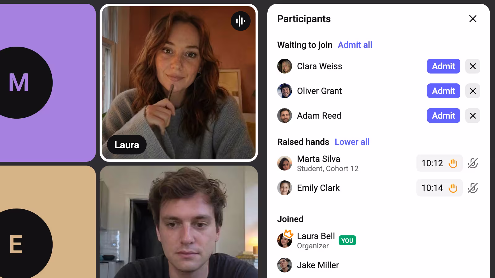 The Speak participants panel next to the call: Laura speaks, Jake listens, Marta and Emily are without cameras and raised their hands; guests wait to join with Admit all